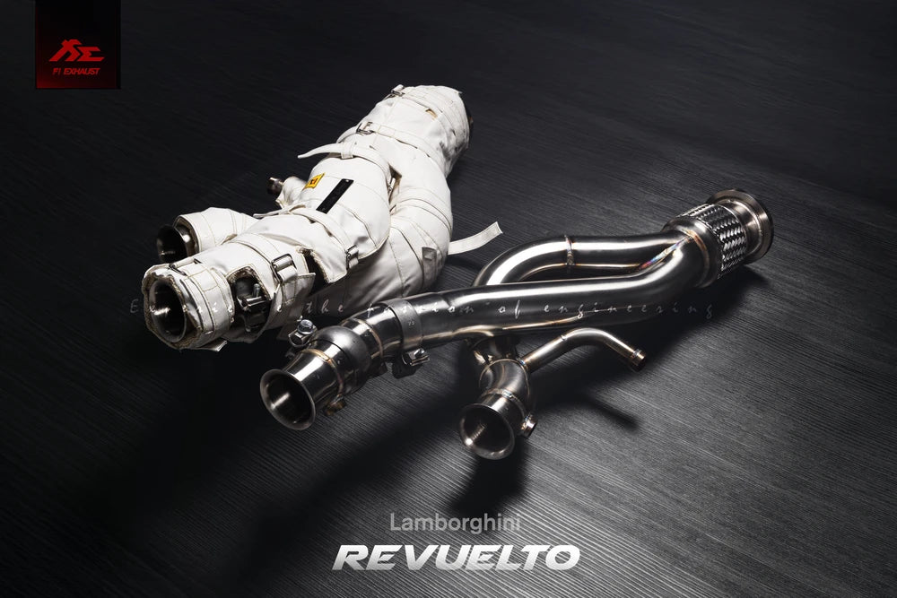 Fi EXHAUST catless downpipes with a heat jacket Lamborghini Revuelto with OBD dongle to prevent CEL after replacing factory catalytic converters.