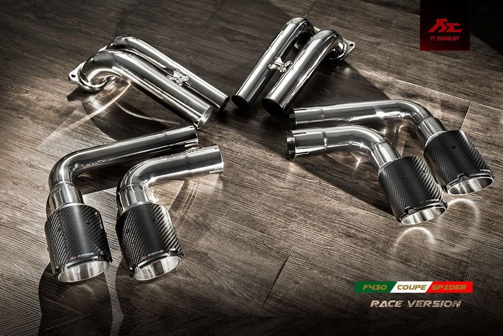 Ferrari F430 Coupe / Spider catback exhaust system with valvetronic technology for enhanced performance and sound. High-quality stainless steel construction for durability and style. Upgrade your Ferrari F430 Coupe / Spider with our aftermarket catback exhaust for a thrilling driving experience.