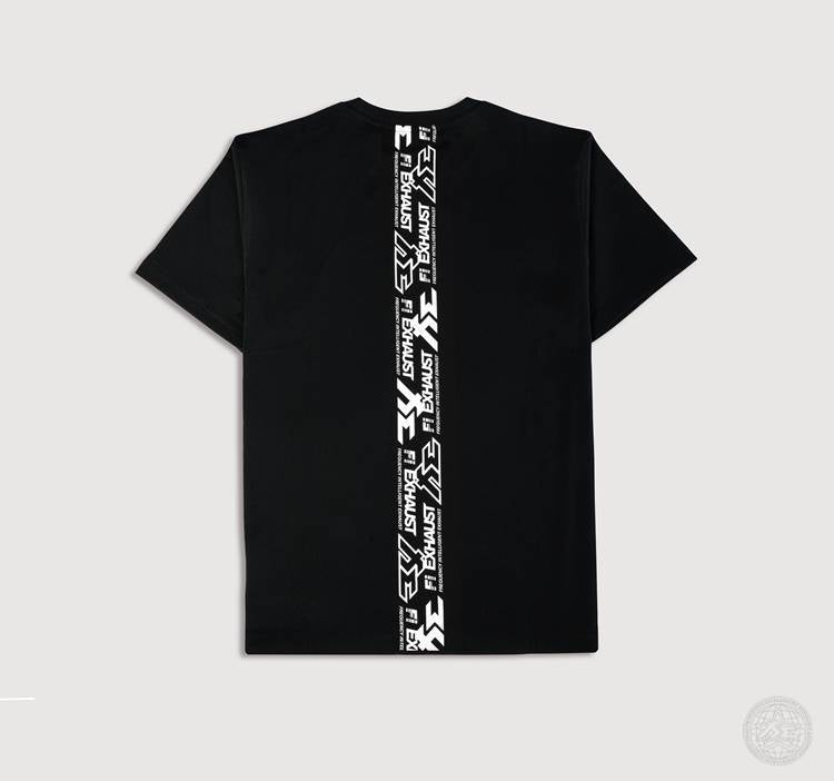 Back of a heavyweight crew next T-Shirt with Fi EXHAUST across the spine.