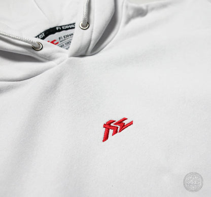 Fi EXHAUST red logo embroidered on a white hoodie's chest.