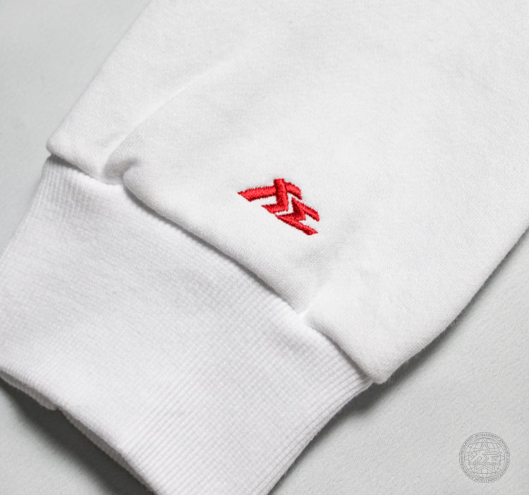 Fi EXHAUST red logo embroidered on a white hoodie's sleeve.