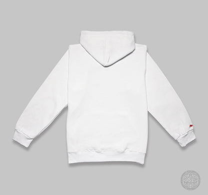 Backside of a white hoodie.