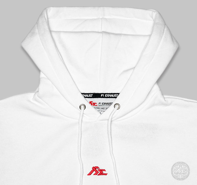 White hoodie with a drawstring hood and Fi EXHAUST logo embroidered on chest.