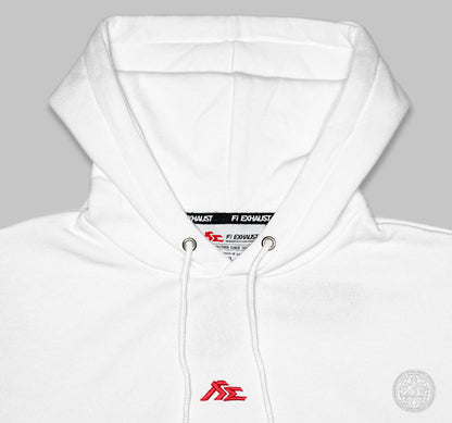 White hoodie with a drawstring hood and Fi EXHAUST logo embroidered on chest.