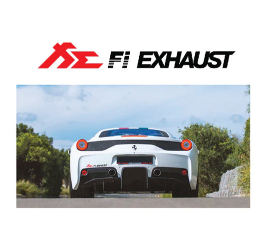 A white Ferrari car with a red and black Fi EXHAUST sticker on the bumper.