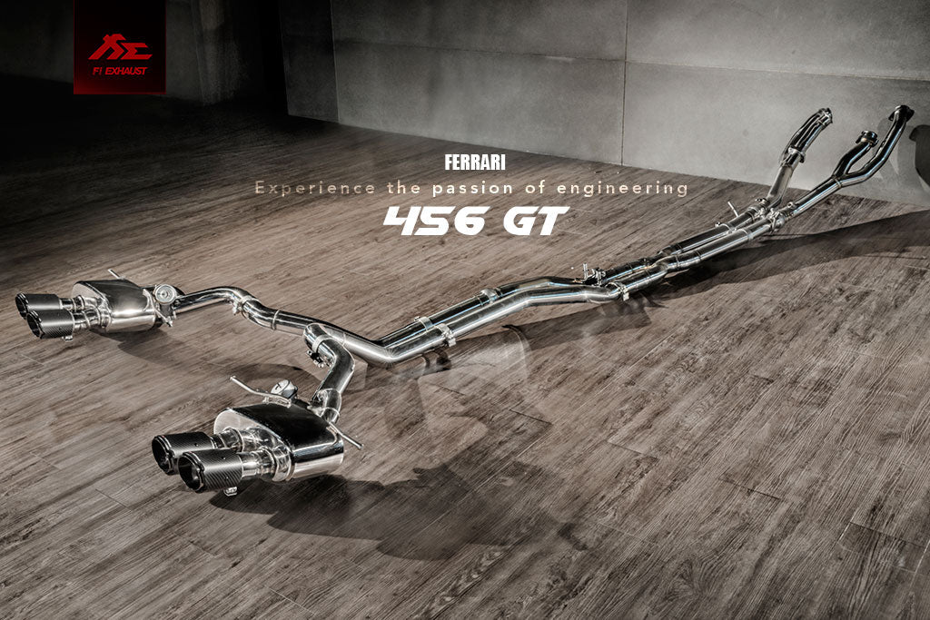 Ferrari 456 GT / M catback exhaust system with valvetronic technology for enhanced performance and sound. High-quality stainless steel construction for durability and style. Upgrade your  Ferrari 456 GT / M with our aftermarket catback exhaust for a thrilling driving experience.