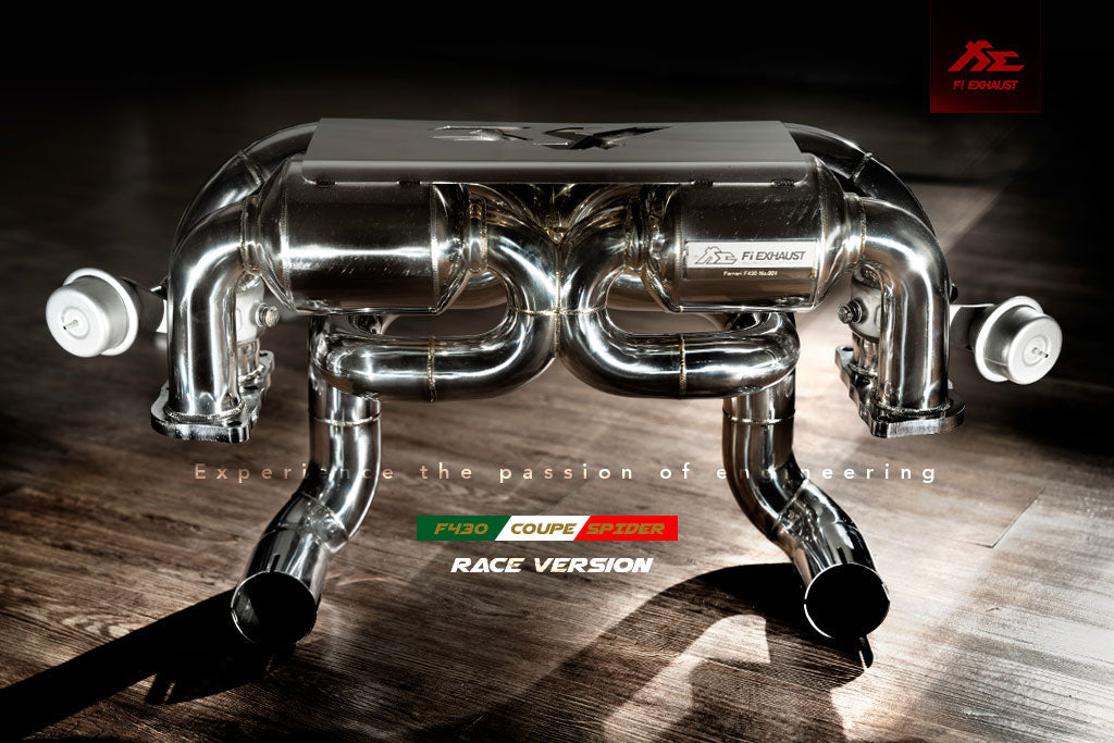 Ferrari F430 Coupe / Spider catback exhaust system with valvetronic technology for enhanced performance and sound. High-quality stainless steel construction for durability and style. Upgrade your  Ferrari F430 Coupe / Spider with our aftermarket catback exhaust for a thrilling driving experience.