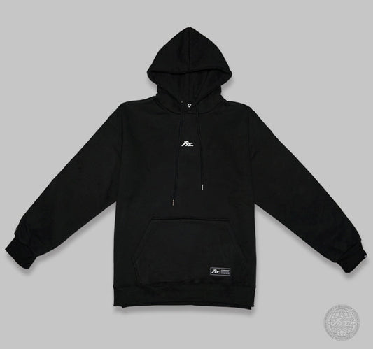Black hoodie made of cotton blend with Fi EXHAUST logo embroidered on chest and sleeve.
