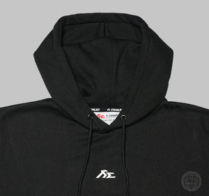 Black hoodie with a drawstring hood and a white Fi EXHAUST logo embroidered on chest.