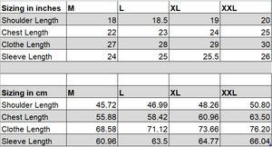Sizing chart of Fi EXHAUST hoodie.